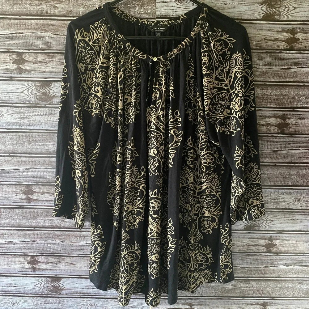 Lucky Brand Women's Long-Sleeved Top Size 2X Black‎ Beige Buttoned-Keyhole